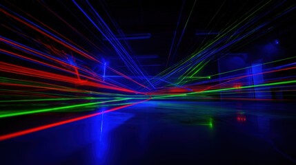 Dynamic Abstract Light Trails: Energetic Red, Blue, and Green Beams in Motion Creating Futuristic Visuals