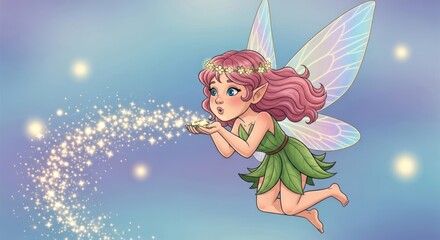Illustration of a charming fairy blowing magic dust in a whimsical setting illustration
