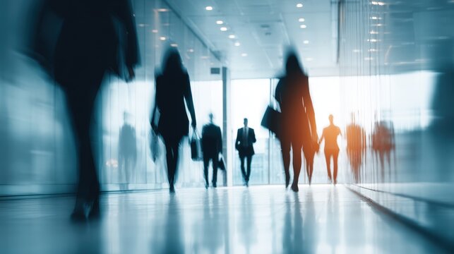 Blurred Motion of Business Professionals Walking in Modern Building, Symbolizing Fast-Paced Corporate Life