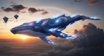 Majestic celestial whale soars gracefully through a vibrant sky full of dreamscapes and rainbows