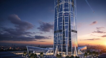 Stunning architectural marvel of a modern skyscraper against a twilight sky showcasing urban
