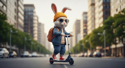 Trendy bunny with sunglasses and backpack riding a scooter in urban setting is an adorable