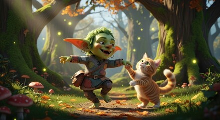 Whimsical friends in a magical forest: a playful goblin and ginger cat adventure