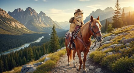 Whimsical feline adventure: A cat cowboy riding a horse in a majestic mountain landscape