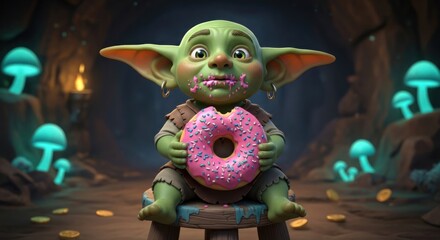 Whimsical Goblin Indulges in a Donut Amidst Glowing Mushrooms in Enchanted Cavern