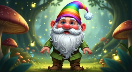 Whimsical gnome with rainbow hat in magical forest landscape with glowing fireflies