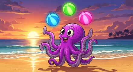Whimsical Octopus Juggling Beach Balls at Sunset: A Cartoon Paradise Illustration