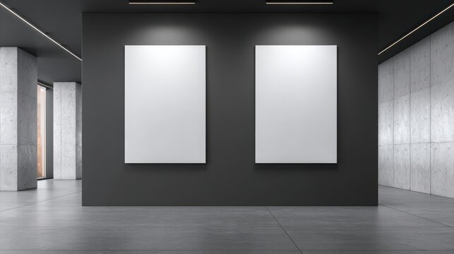Modern Art Gallery Interior with Two Blank White Canvas for Mockup, Exhibition Space