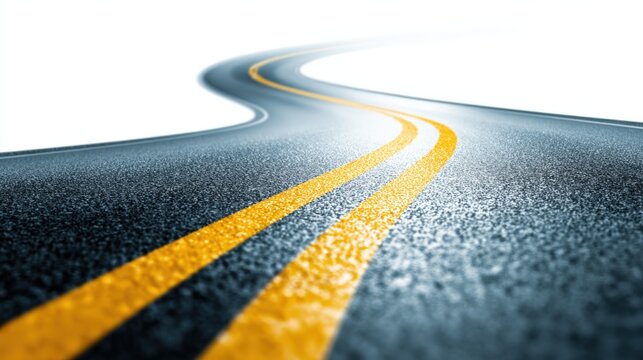Asphalt Road with Yellow Lines Winding into Distance, Symbolizing Journey, Progress, and Transportation Infrastructure