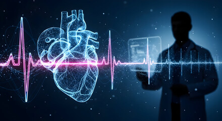 Futuristic Cardiology: Doctor Interacting with Digital Heart and ECG Data for Advanced Medical Diagnosis and Health Monitoring Technology