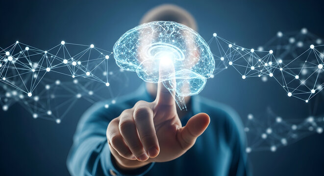 Human Hand Interacting with Glowing Digital Brain and Neural Network, Symbolizing AI, Machine Learning, and Future Technology Concepts