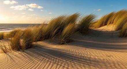 Coastal Dunes at Sunset - Windblown Grass and Rippled Sand.