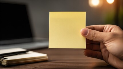 Obraz premium Hand Holding Blank Yellow Sticky Note in Office Setting, Promoting Ideas and Organization