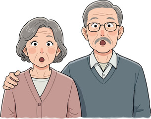 Elderly Couple Surprised Expression Peach Pink Cardigan Blue Sweater