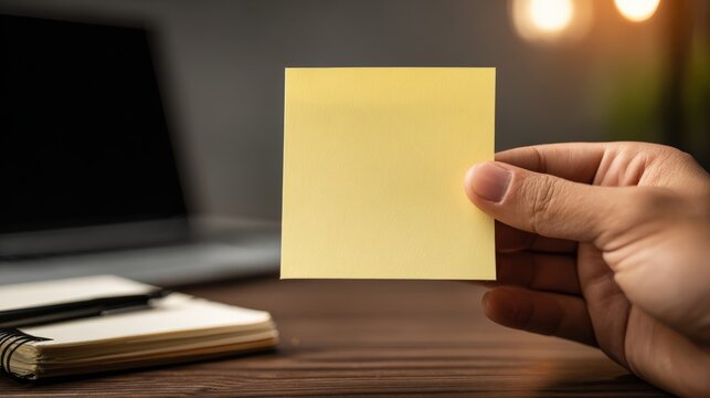 Hand Holding Blank Yellow Sticky Note in Office Setting, Promoting Ideas and Organization