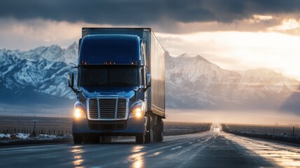 Semi-Truck Delivering Cargo on a Highway with Mountain Backdrop, Emphasizing Transportation and Logistics