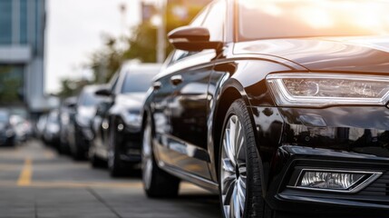 Line of Sleek Black Sedans Parked in City, Representing Luxury and Modern Transportation