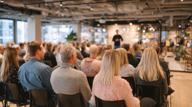 Diverse Audience Attending Business Conference Presentation in Modern Venue, Focus on Engaging Speaker and Attendees