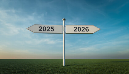 Directional road signs pointing towards 2026 and back to 2025 against clear blue sky, symbolizing transition, choices, future planning, and strategic decision-making.