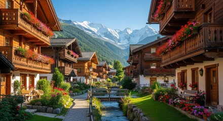Obraz premium Charming Alpine Village with Wooden Chalets and Mountain Scenery.