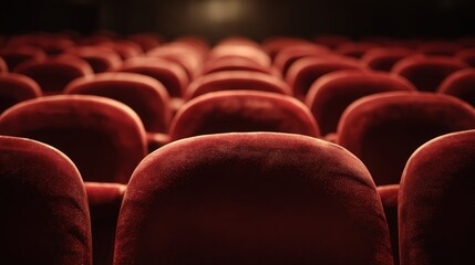 Fototapeta premium Red Velvet Seats in a Theater Auditorium, Cinema, Movie, Show, Concert, or Performance Venue