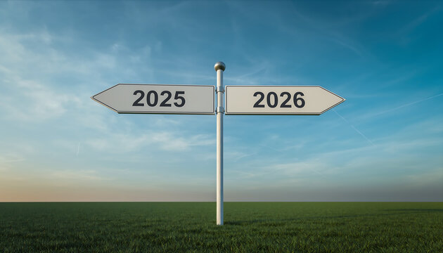Directional road signs pointing towards 2026 and back to 2025 against clear blue sky, symbolizing transition, choices, future planning, and strategic decision-making.