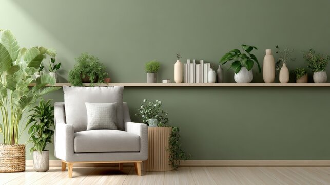 Stylish Living Room Interior with Green Wall, Armchair, and Assorted Potted Plants Decorating Wooden Shelf - Powered by Adobe