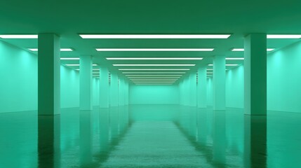 Obraz premium Abstract Illuminated Interior Space: Green Hallway with Columns, Reflections and Perspective View