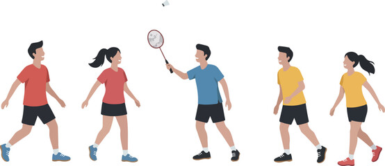 Flat Design Badminton Players Action Scene With Shuttlecock Isolated Vector