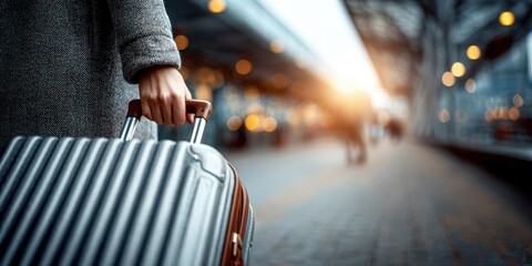 A traveler holds the handle of a suitcase against the backdrop of the airport in the warm morning light