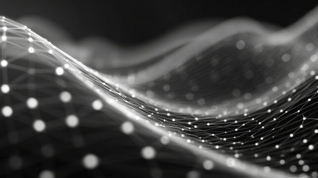 Abstract Network Connection Structure with Interconnected Dots, Representing Data Flow, Technology, and Innovation in Monochrome