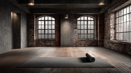 Industrial Loft Yoga Studio with Mat, Natural Light and Exposed Brick, Perfect for Fitness and Wellness Advertising