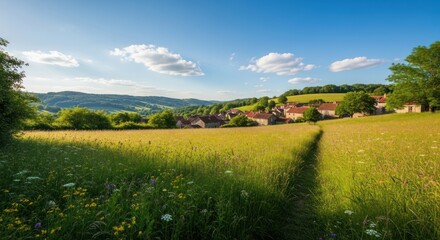 Obraz premium Idyllic countryside scene with golden field and distant village.