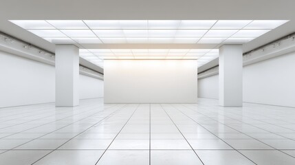 Obraz premium Minimalist White Gallery Interior with Columns and Blank Wall Space for Art Display and Exhibition