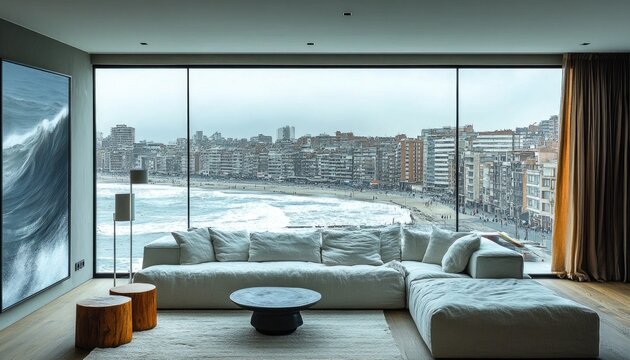 Modern living room with a large window overlooking a city beach scene. It's perfect for designs about real estate and luxurious homes. - Powered by Adobe