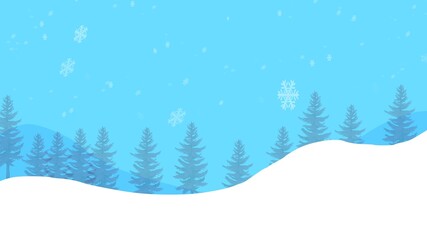 Vector illustration of a winter scene with falling snow, isolated against a blue background with fir and pine trees on Christmas Day in December. Banner, poster, forest.