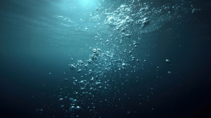 Fototapeta premium Underwater Bubbles Rising in Deep Blue Sea - Abstract Marine Background with Oxygen