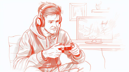 A focused gamer immersed in virtual worlds, wearing headphones and holding a controller, isolated on white background, in a captivating red sketch