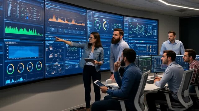 A team analyzes data on large screens. Graphs and charts display statistical information with analysts using tablets - Powered by Adobe