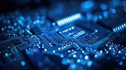 Obraz premium Intricate Blue Circuit Board Close-Up: Modern Technology and Innovation Background Depicting Data Processing and Connectivity