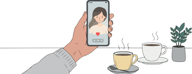 Hand Holding Phone Showing Woman Portrait Near Coffee Cups and Plant