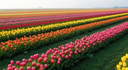 Vast Rows of Colorful Tulips Blooming in a Field Under a Bright Sky.