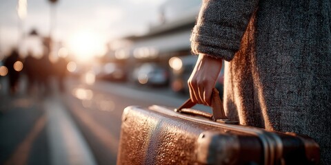 A traveler holds the handle of a suitcase against the backdrop of the airport in the warm morning light