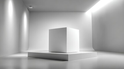 Fototapeta premium Minimalist White Cube Display on Platform for Product Showcase, Modern Studio Background for Presentation