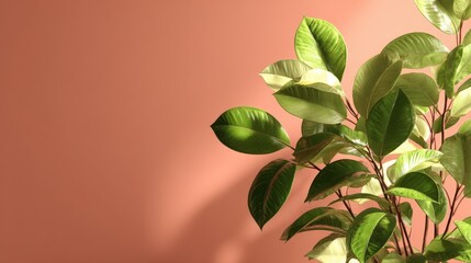 Fototapeta premium Ficus Elastica Plant with Variegated Leaves Against Warm Peach Wall, Interior Design and Home Decor Concept