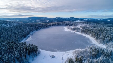 Obraz premium Aerial View of a Frozen Lake Surrounded by Snow-Covered Forest in Winter, Capturing the Serene Beauty of Nature