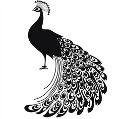 Sophisticated black peacock illustration isolated on white background, displaying ornate feather patterns and refined lines in a timeless and stylish design