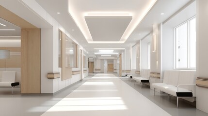 Fototapeta premium Bright Hospital Corridor with Seating and Natural Light, Clean and Modern Interior Design