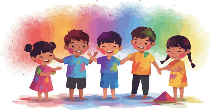 Happy Children Playing With Colorful Powder During Festival Celebration - Powered by Adobe