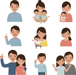 Happy Diverse Families and Parents With Children Flat Vector Icons